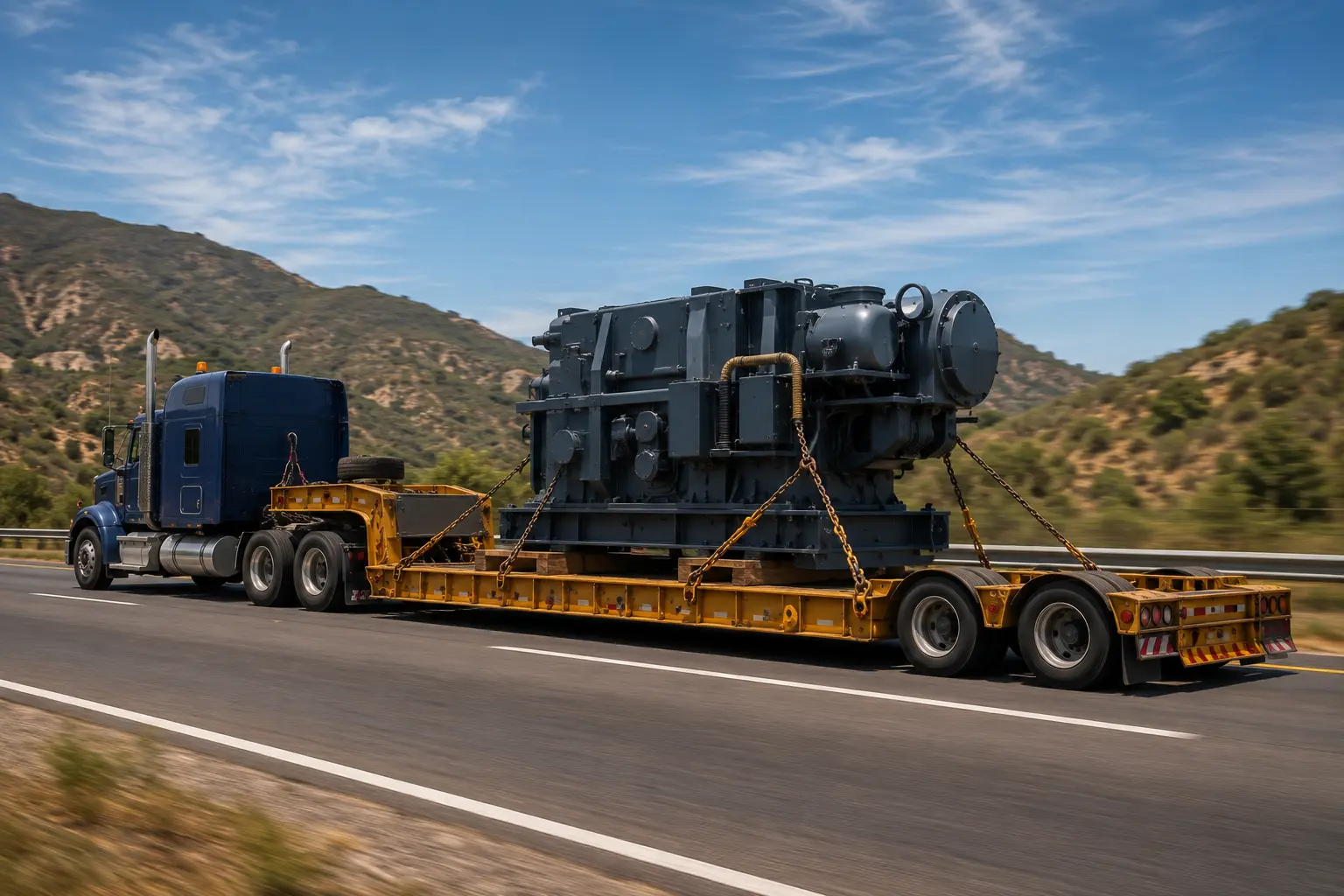Plataforma lowboy con carga sobredimensionada saliendo de Lázaro Cárdenas